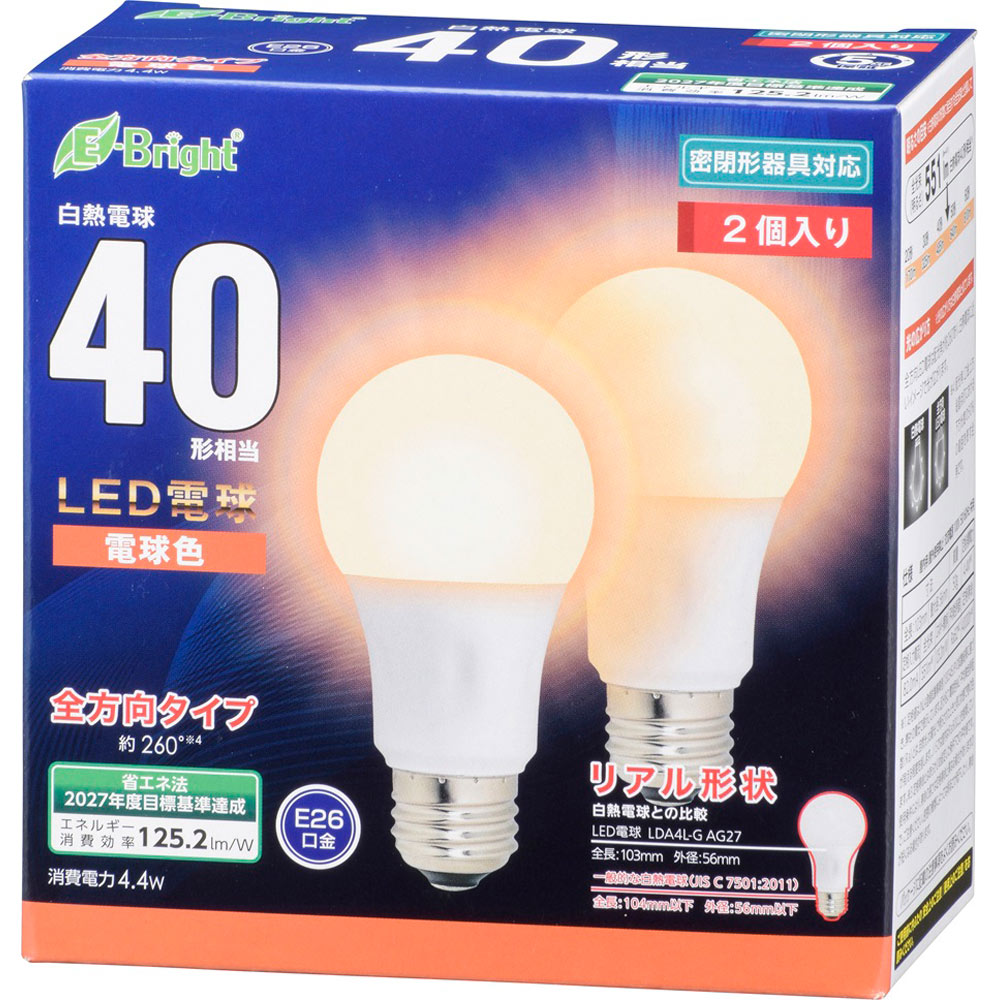 ＯＨＭ ＬＥＤ電球全方向４０Ｗ形電球色 ＬＤＡ４Ｌ－Ｇ／２Ｐ オーム電機