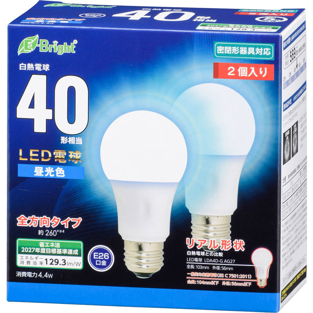 ＯＨＭ ＬＥＤ電球全方向４０Ｗ形昼光色 ＬＤＡ４Ｄ－Ｇ／２Ｐ オーム電機