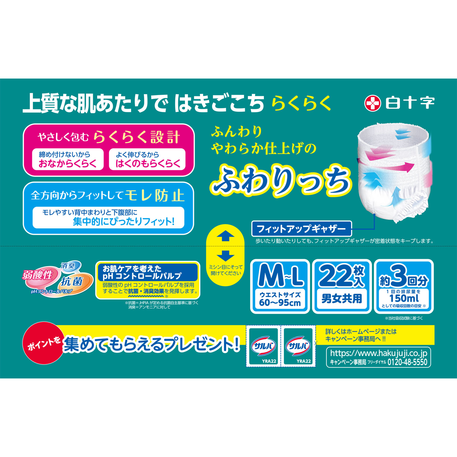 サルバDパンツやわらかスリム うす型スーパー 男女共用 Ｍ－Ｌ２２枚 白十字