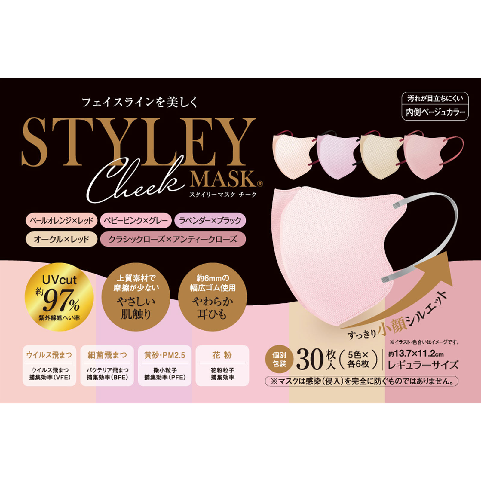 ＳＴＹＬＥＹマスク　ＵＶ　ＣＨＥＥＫ　５色 ３０枚入り やまと工業