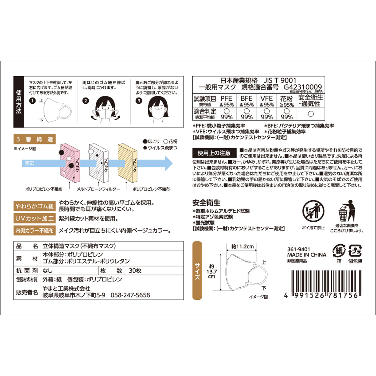 ＳＴＹＬＥＹマスク　ＵＶ　ＣＨＥＥＫ　５色 ３０枚入り やまと工業
