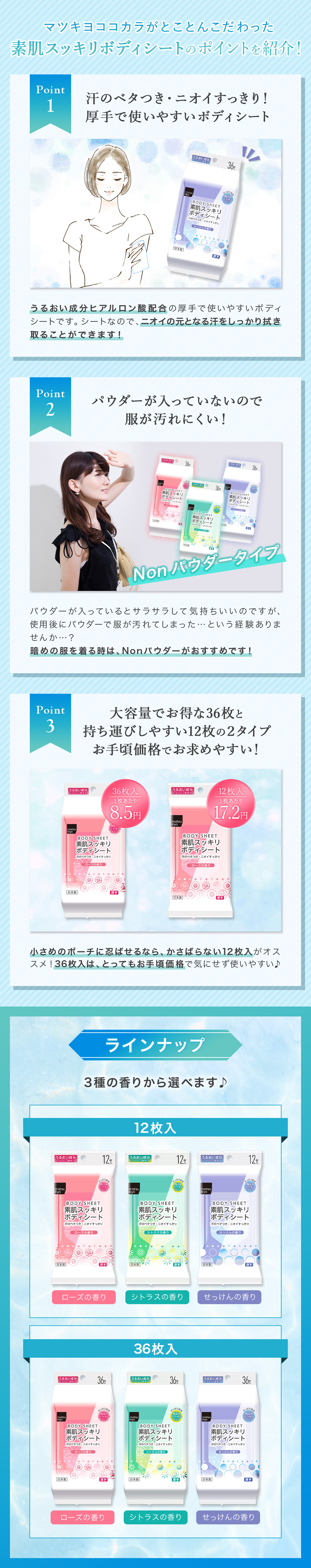マツキヨココカラがとことんこだわった素肌スッキリボディシートのポイントを紹介！